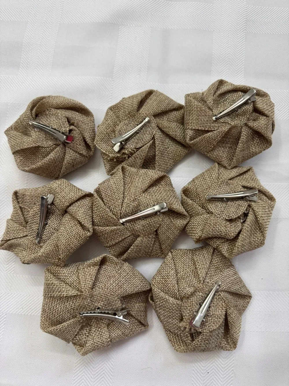 Burlap Fabric Rosette Flowers With Clips - Neutral Tan